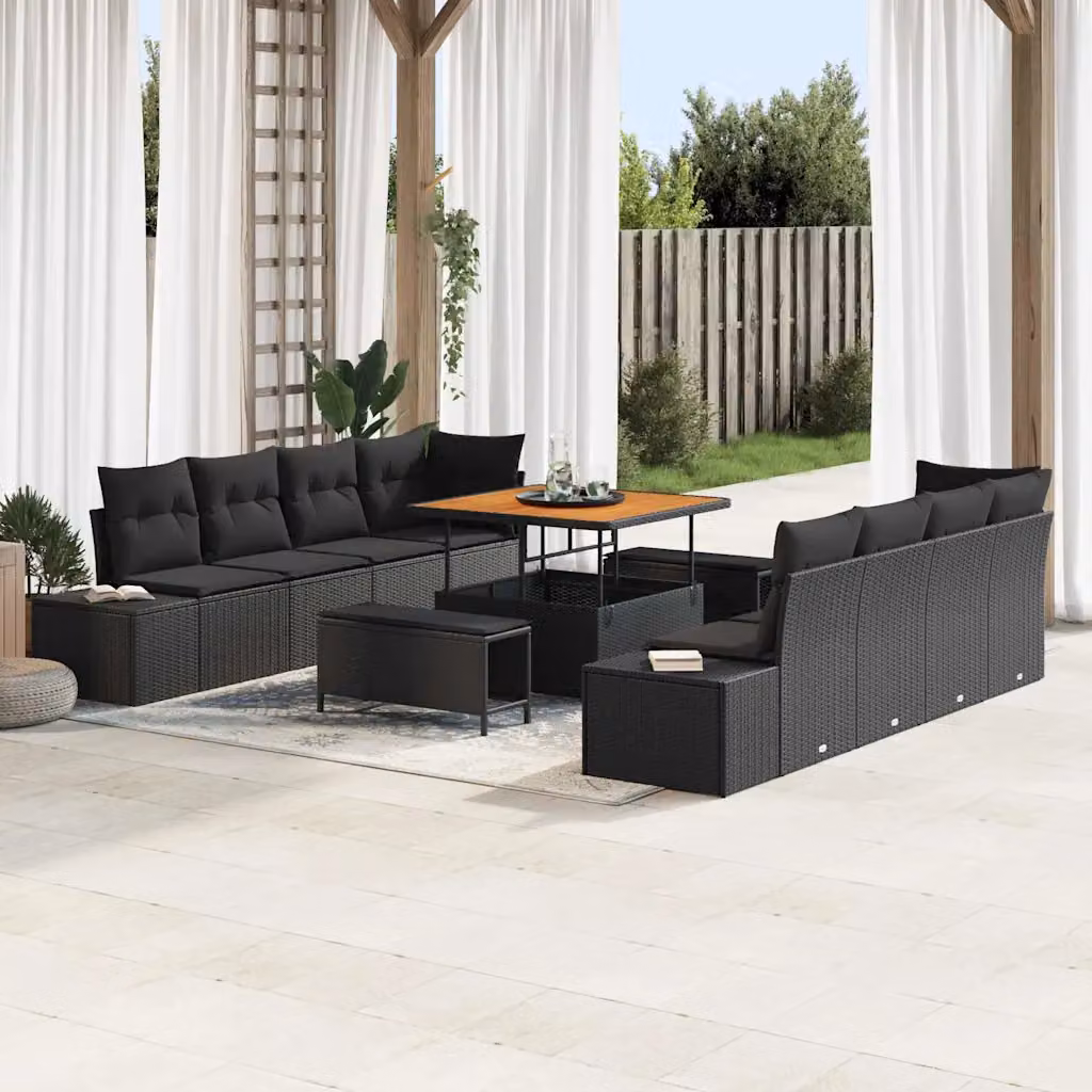 Set Divano da Giardino vidaXL 11 Pezzi a Forma di U con Cuscini Nero in Polyrattan e Acciaio – 1