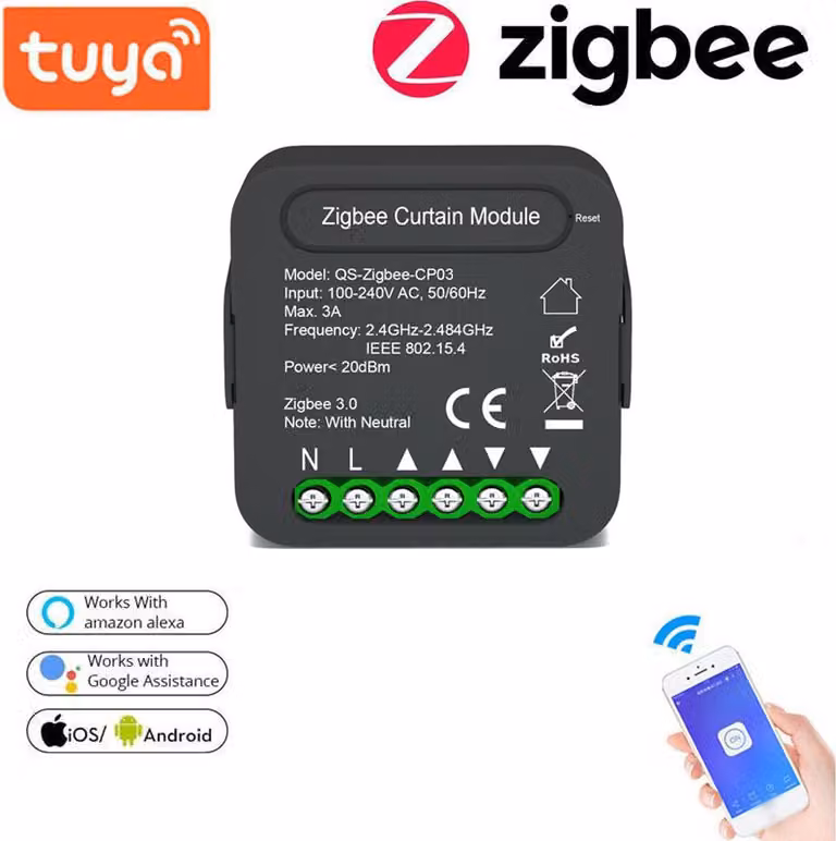 QS-Zigbee-CP03 Tuya Zigbee Intelligent Curtain Swtich Module Home Modification Mobilephone Devices Target Timing Function App Remotes Control Compatibile con Alexa Voice