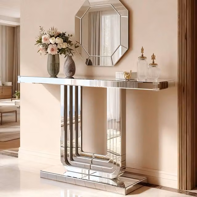 Consolle Moderna ¨C Minimal ¨C 120cm effetto specchio argento, base a U, resistente ai graffi