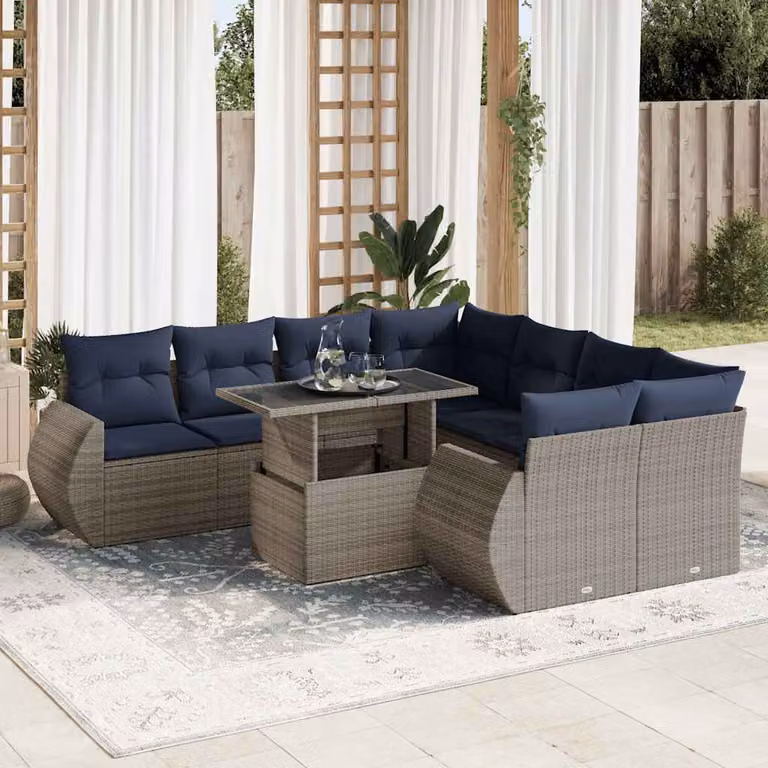 Set Divano da Giardino a L vidaXL in Polyrattan con Cuscini e Tavolino, 9 Pezzi, Grigio e Blu