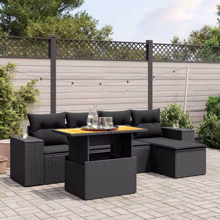 Set Divano da Giardino vidaXL 6 pz in Polyrattan Nero con Cuscini e Tavolino