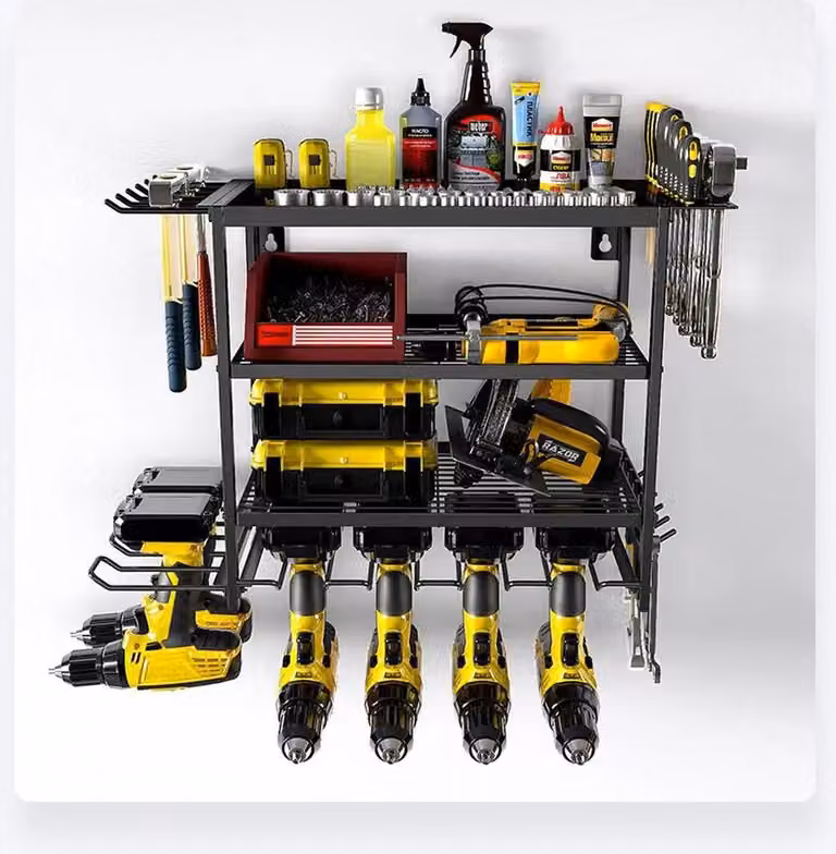 Organizer per utensili - Scaffale a muro per trapani e utensili elettrici - 4 ripiani - Acciaio - Resistente alla ruggine - Elevata capacità di carico - Per garage