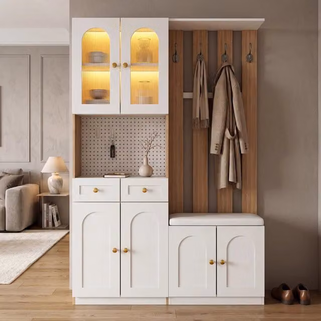 Mobile da ingresso con panca imbottita; LED; parete a lamelle e armadio; MDF; bianco e rovere; 120x30x180 cm