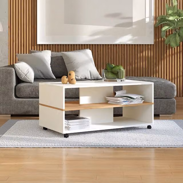 Tavolino da salotto Erice DMORA con ruote, Bianco e Marrone, L: 101 cm, P: 54.5 cm, H: 47.5 cm – 1