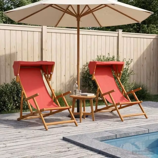 Set di 2 lettini da giardino vidaXL in legno di eucalipto rosso con tendalino parasole e tessuto resistente ai raggi UV