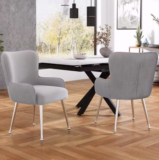 Set di 2 sedie da pranzo moderne MODFU in velluto grigio con braccioli e gambe in metallo