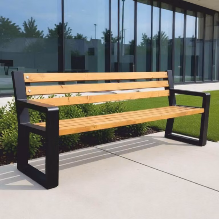 Panca da esterno "Casa Padrino Parkbank" con schienale e braccioli, colori naturali/nero, 200 cm - panca per città - panca da giardino - panca da esterno