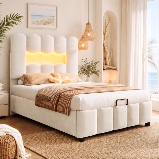Letto singolo con contenitore Mivray in velluto beige con illuminazione LED e testiera regolabile, L/P/H: 90 x 200 x 109 cm