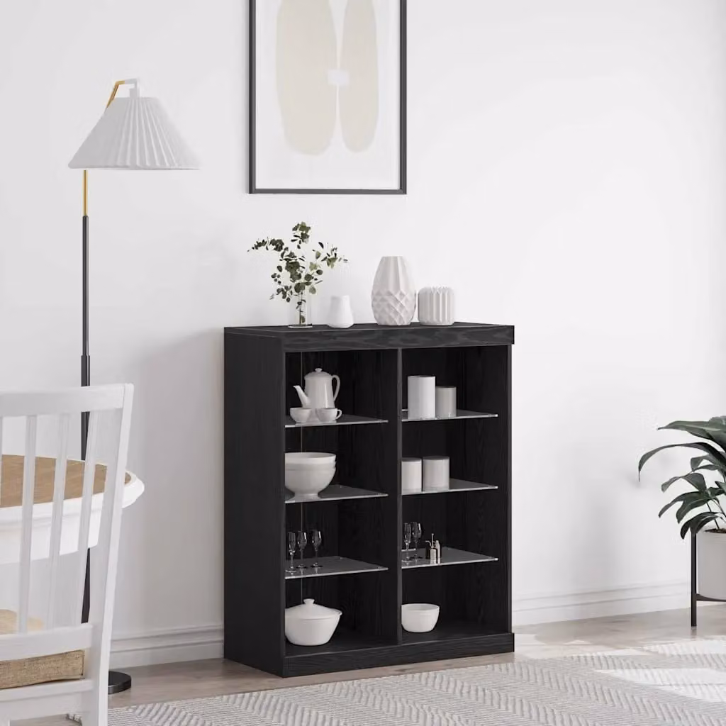 Madia moderna vidaXL con illuminazione LED in rovere nero e vetro, L 81 x P 37 x H 100 cm