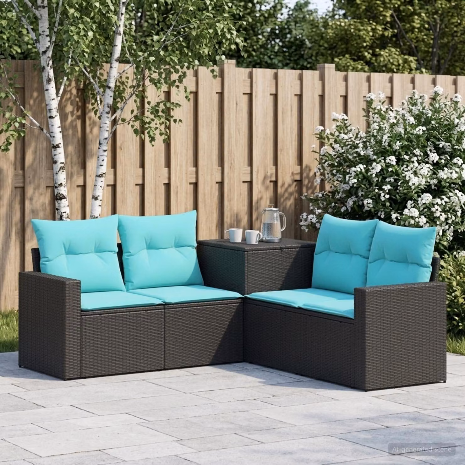 Set di divani da giardino vidaXL a forma di L con 5 pezzi in rattan sintetico e metallo, colore nero e blu con cuscini inclusi
