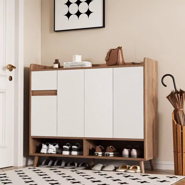 Desviae Credenza con 4 ante 1 cassetto e ripiano regolabile in pannello truciolare bianco e naturale 120 × 35 × 99 cm