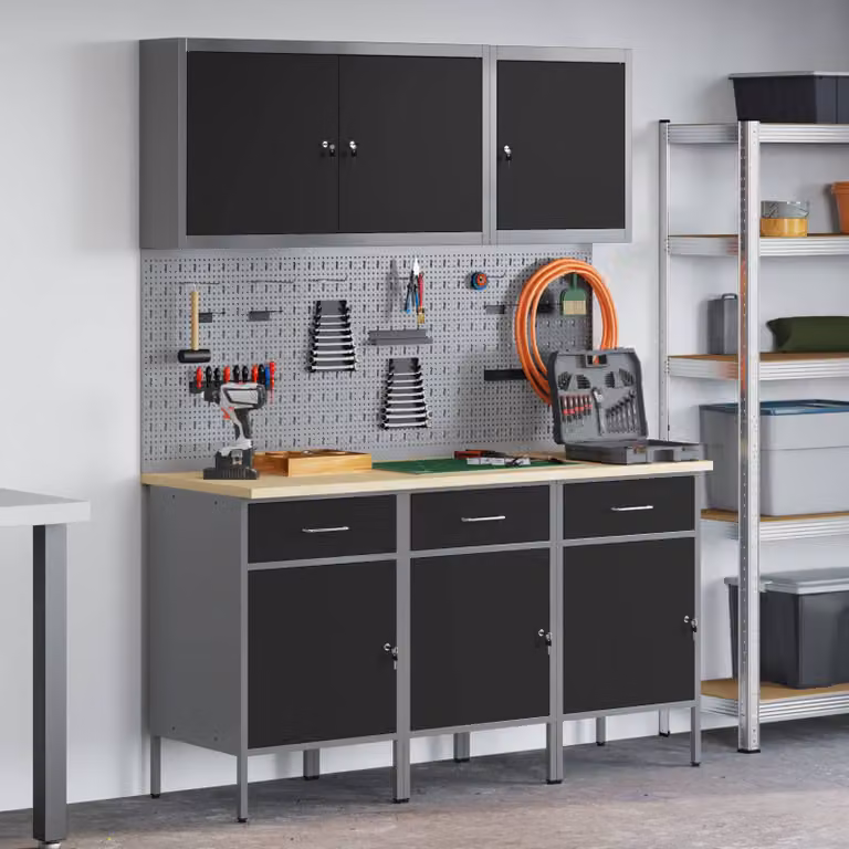 Carrello da lavoro mobile vidaXL 8 pezzi in acciaio e legno ingegnerizzato nero
