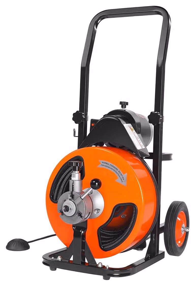 Macchina per la pulizia degli scarichi 30 m x 9,5 mm, sonda per fognature con avanzamento automatico su ruote, macchina portatile per la pulizia degli scarichi con 4 lame e interruttore a pedale ad aria compressa per tubi da 50 mm a 100 mm