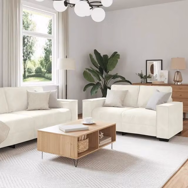 Set di divani 2 pezzi vidaXL in velluto beige con cuscini, composto da un divano a 2 posti e un divano a 3 posti con braccioli e design moderno – 1
