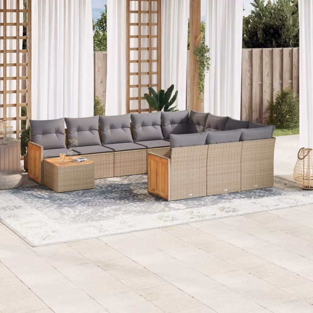 Set di divani da giardino vidaXL 11 pz a forma di L con cuscini beige e tavolino, in rattan e legno di acacia con struttura in acciaio verniciato a polvere