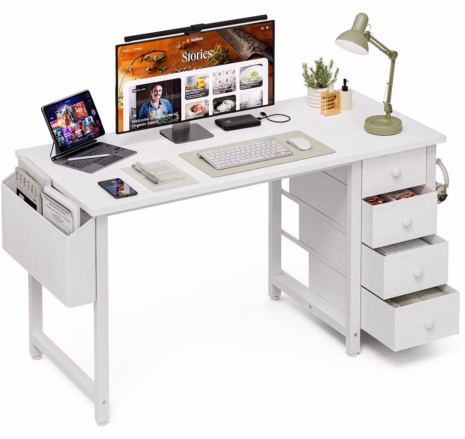 Scrivania per computer, piccola, 100 cm, con 4 cassetti rivestiti in tessuto, reversibile, adatta a bambini e adolescenti