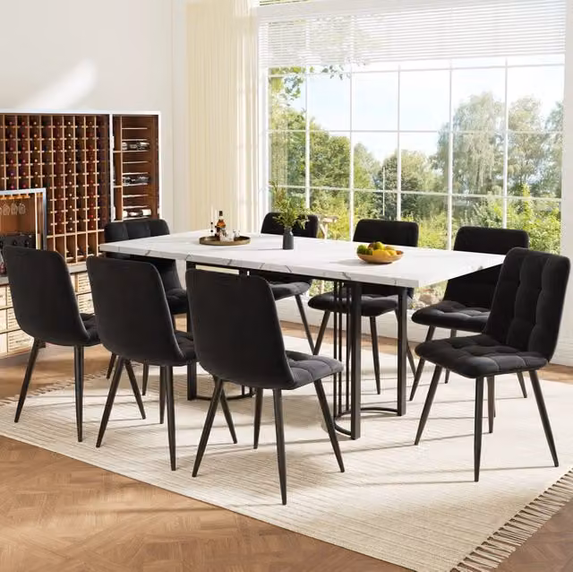 Set da pranzo 9 pezzi con tavolo allungabile 140x80 cm e 8 sedie in velluto nero con struttura metallica