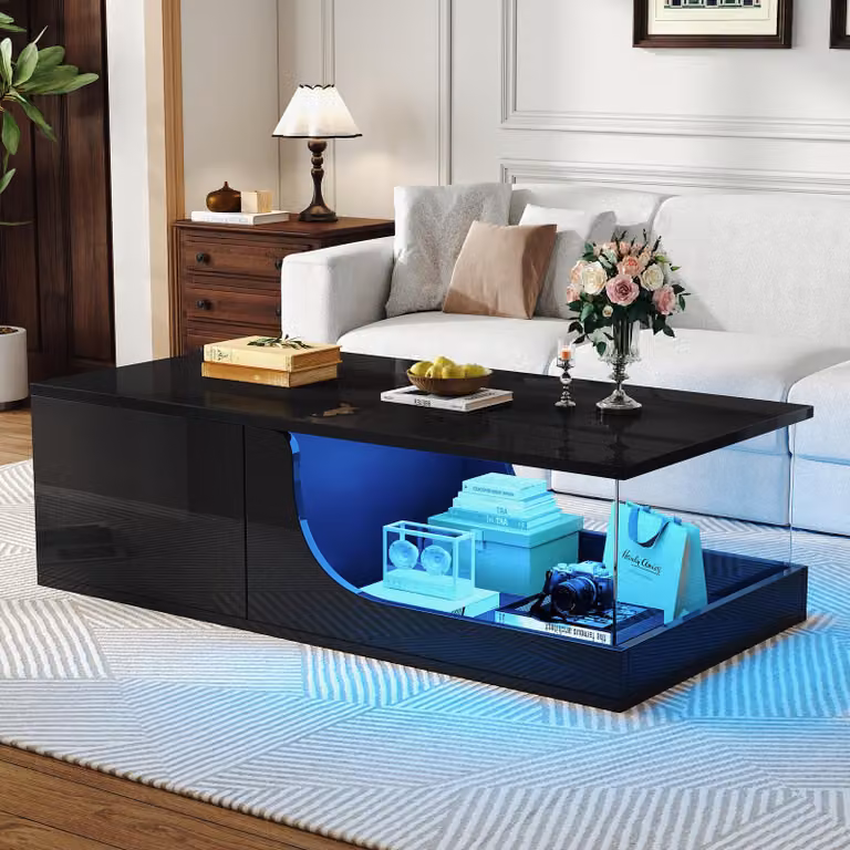 Tavolino Merax 100x50x30cm con 2 cassetti, illuminazione a LED controllabile tramite app, superficie lucida, vetro temperato, ideale per il soggiorno, nero