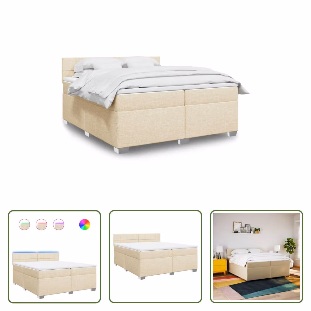 The Living Store Letto a molle con materasso crema 200x200 cm in tessuto