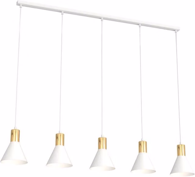 Lampadario 5 Luci Thalattē Acciaio Bianco E Paralumi Conici Bianco E Oro