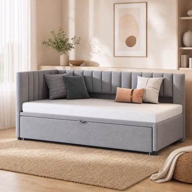 Divano letto angolare L con letto estraibile 90x200 cm in velluto grigio