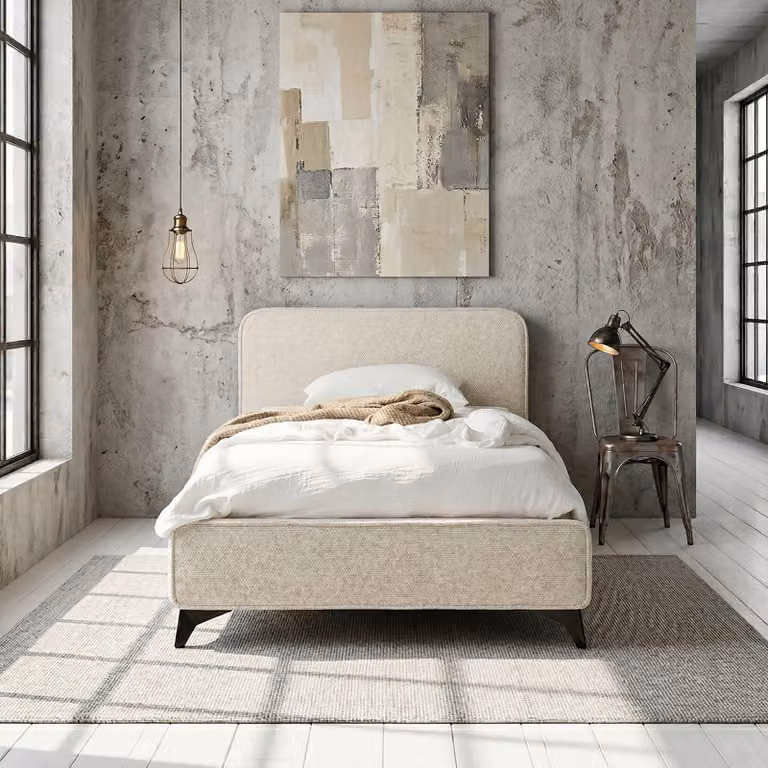 Letto imbottito VIRETTA 90x200 in bianco - letto singolo con rete a doghe e rivestimento in tessuto ciniglia. Letto dal design moderno con robusto telaio in legno e gambe in metallo.