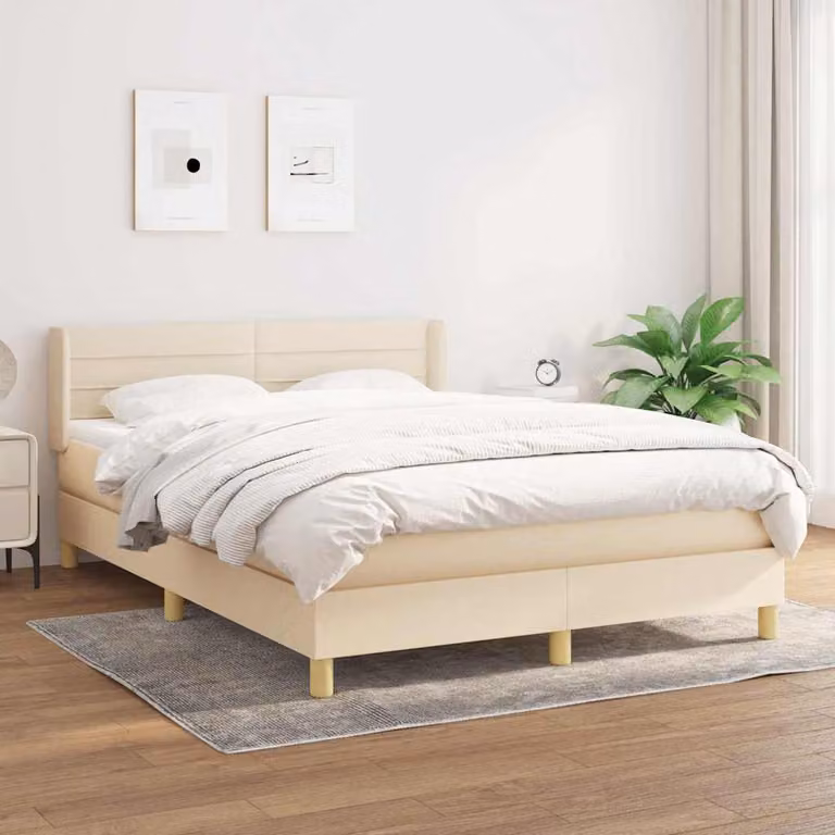 vidaXL Giroletto a Molle con Materasso Ibrido in Tessuto Beige e Bianco L/P/H: 140 x 200 x 88 cm