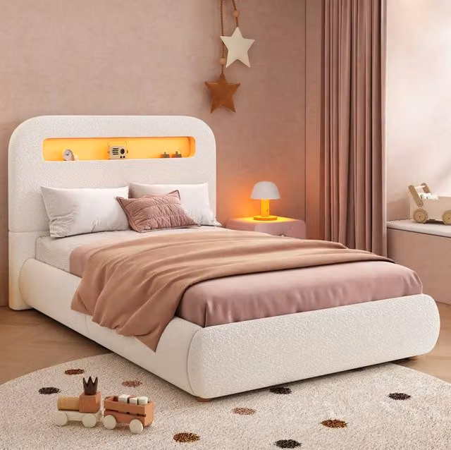 Letto imbottito con contenitore e LED in bouclé bianco