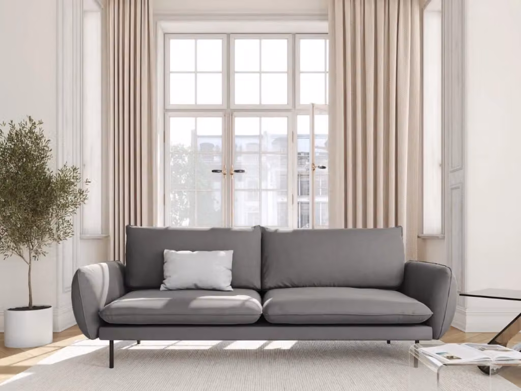 Divano 3 posti Vienna di Cosmopolitan Design in velluto grigio chiaro con struttura in metallo e cuscini inclusi L: 200 cm, P: 95 cm, H: 53.8 cm – 2