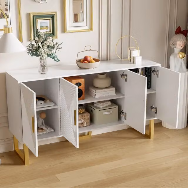 Credenza moderna MIVRAY a 4 ante lucide con ripiani regolabili in MDF e truciolare, colore bianco e oro, L 150 x P 40 x H 82 cm