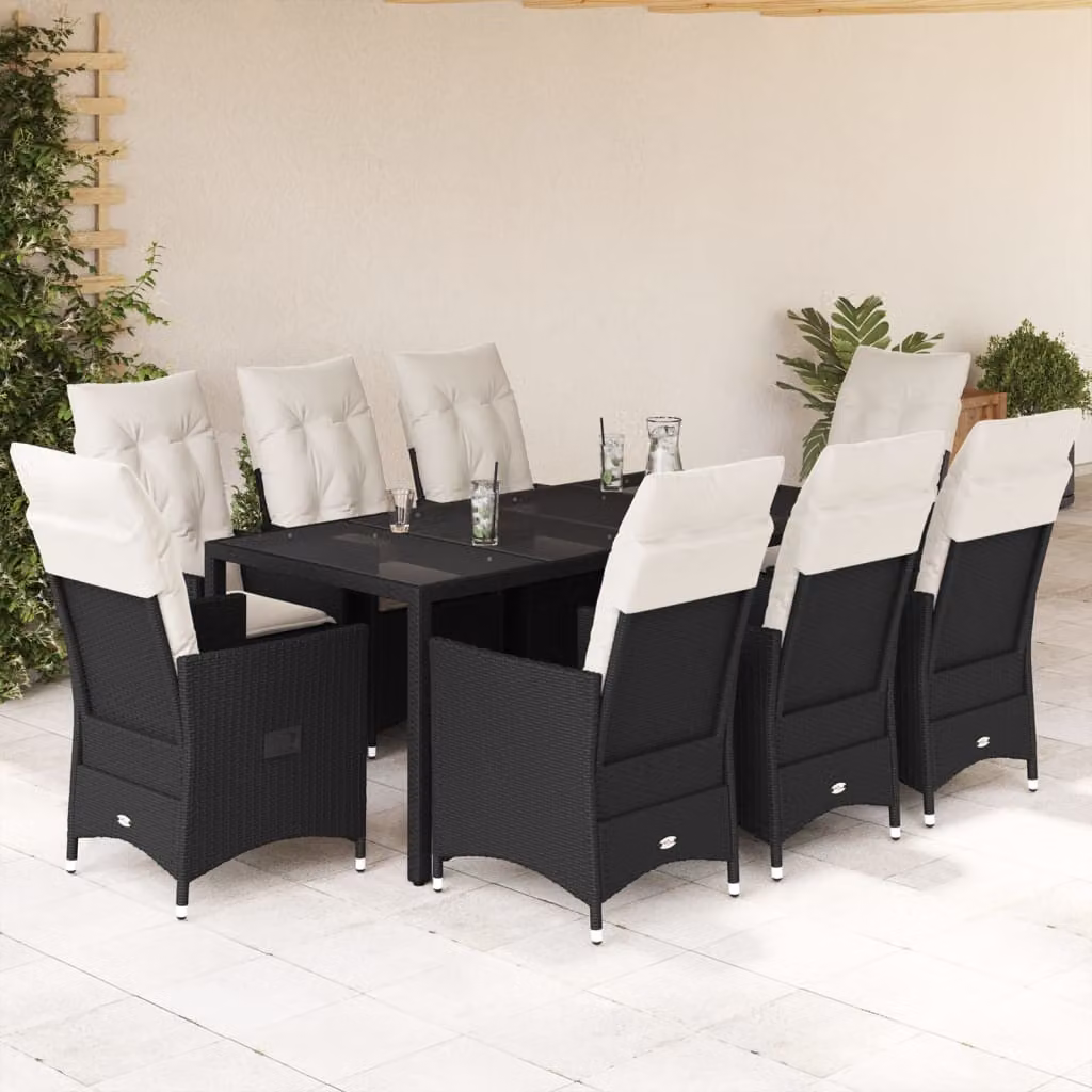 Set da Pranzo da Giardino vidaXL in Polyrattan Nero con Cuscini e Tavolo in Vetro, 9 Pezzi – 1