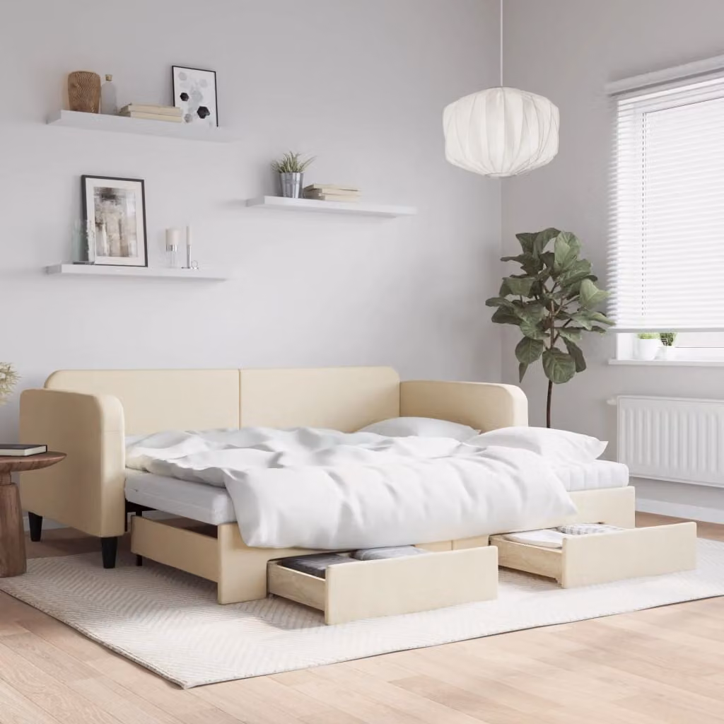 vidaXL Divano Letto Estraibile con Cassetti in Tessuto Beige L: 200 cm, P: 90 cm