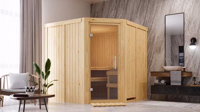 Sauna Karibu Jarin (ingresso ad angolo), porta interamente in vetro trasparente, stufa da 9 kW con comando integrato