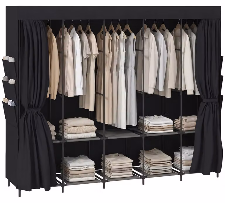 Armadio pieghevole in tessuto - 2 ante - 5 aste appendiabiti e ripiani - Rivestimento in tessuto con struttura in metallo - 212 x 45 x 167 cm - Nero