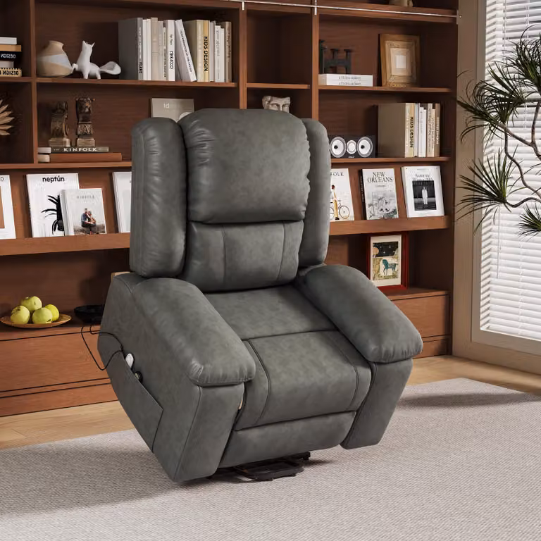 Fortuna Lai poltrona elettrica stand-up TV poltrona massaggiante con vibrazione e calore, tasche laterali, reclinabile con telecomando, grigio