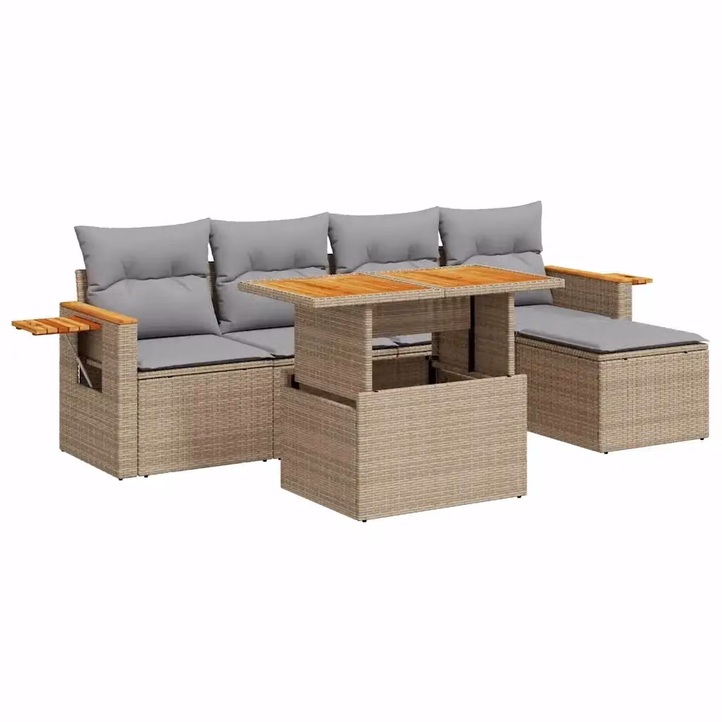 Set Divano da Giardino a L con Polyrattan e Legno di Acacia vidaXL, 6 Pezzi con Cuscini Beige e Grigio – 2