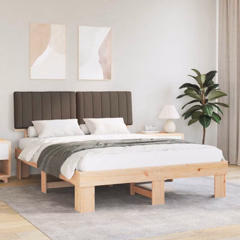 Letto con Testiera Rivestita vidaXL in Pino Massello, Colore Beige/Grigio, 150 x 200 cm