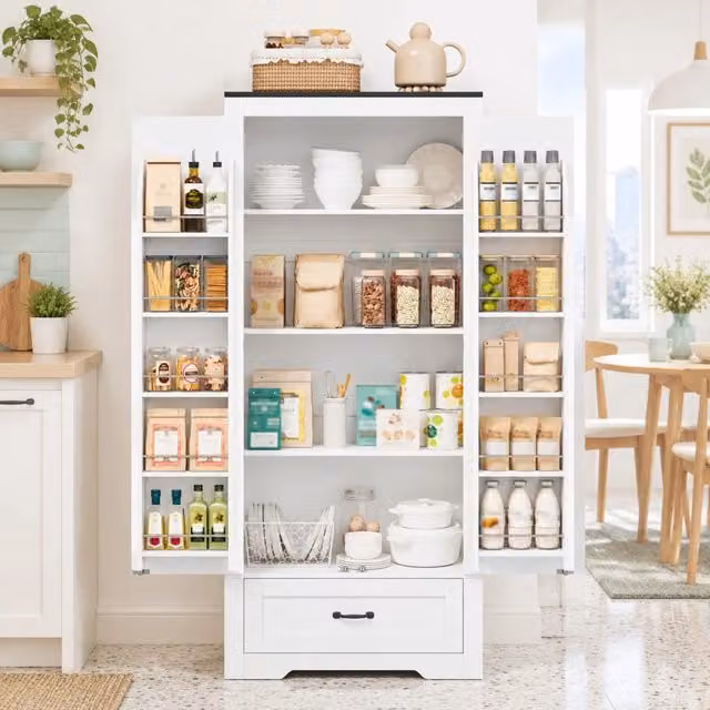Mobile cucina alto con 2 ante, 1 cassetto e ripiani regolabili, stile rustico per cucina, in MDF, bianco, 80×35×183 cm