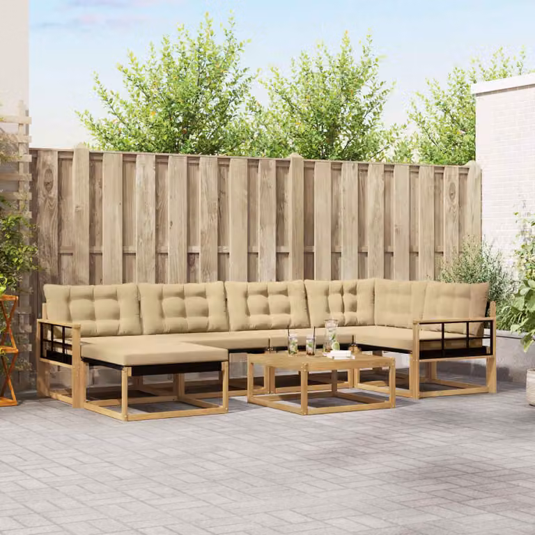 Set di divani da esterno vidaXL 7 pz in legno di acacia con tavolino e pouf, Bianco e Beige