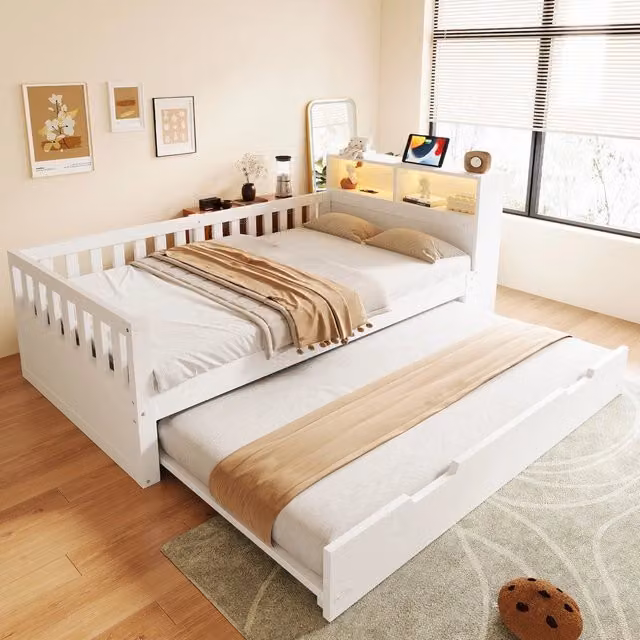 Letto singolo in legno con LED ¨C Minimal ¨C Bianco 90x200cm con letto estraibile e vani contenitore