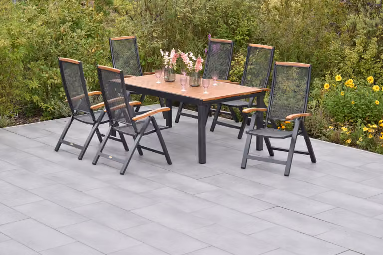 Set di mobili da giardino Merxx Tilos, 7 pezzi, 6 sedie pieghevoli, tavolo allungabile 180 (250) x 100 cm - Alluminio/Acacia