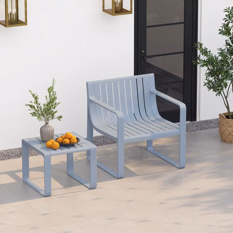 Set da giardino composto da 2 pezzi con sedia e tavolino, set composto da sedia a doghe e tavolo con braccioli, set da balcone