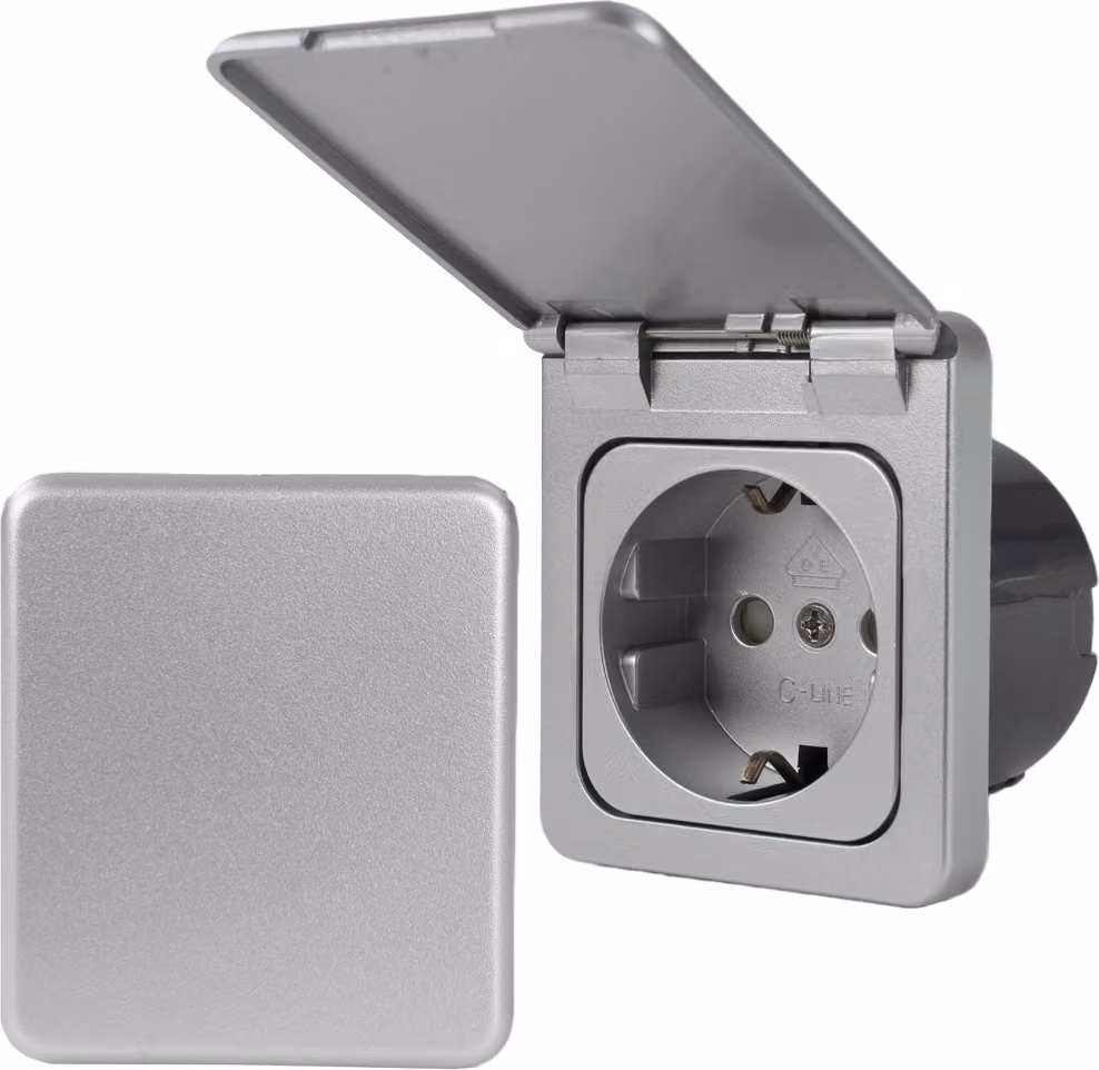C-Line Presto Inprojal CBE Presa di corrente Schuko + coperchio a cerniera + presa iso 220 / 230 Volt argento