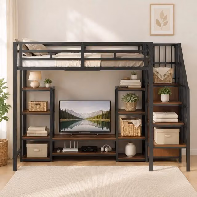 Letto a soppalco singolo moderno nero con scala, vani laterali e porta di ricarica USB in metallo e MDF, L/P: 90 x 200 cm
