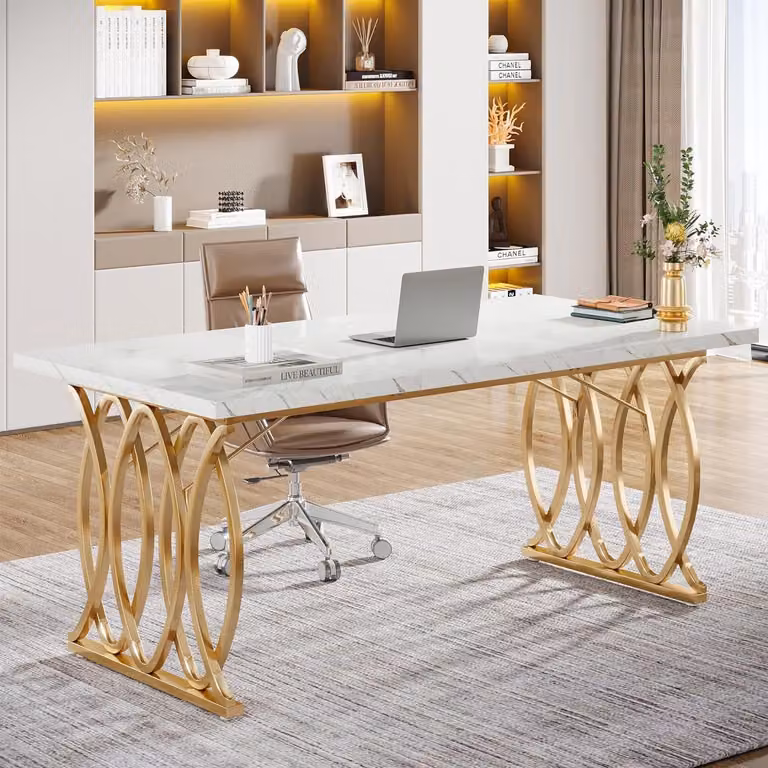 Scrivania, tavolo per computer, 160 x 80 x 75 cm, bianco, oro, resina sintetica, metallo