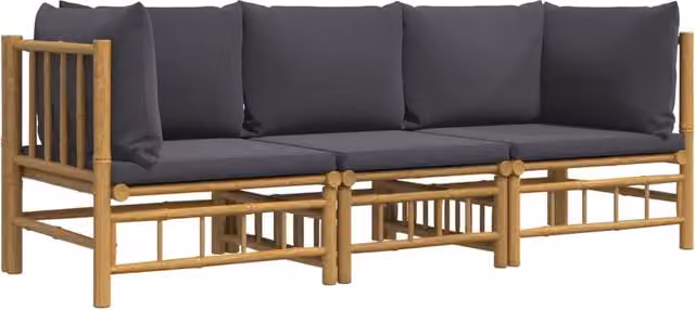 Set di mobili da giardino Outsunny in bambù con cuscini grigi, composizione a L con divano a 3 posti e elemento angolare per esterni
