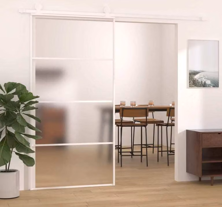 The Living Store Porta scorrevole ESG in vetro e alluminio satinato 102,5x205 cm Bianco