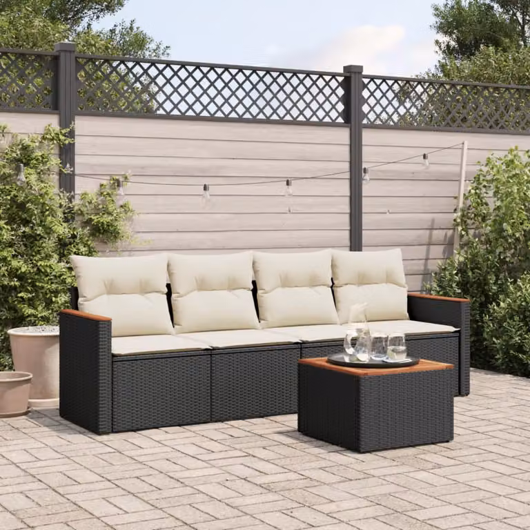 Set da giardino vidaXL composto da 5 pezzi con cuscini bianchi e struttura in metallo nero e rattan