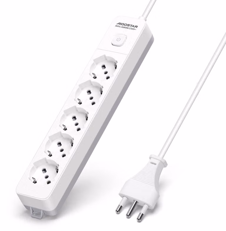 Ciabatta multipresa Aigostar, con 5 prese, interruttore, 250 V/3680 W, cavo da 1,5 metri. Colore: bianco e grigio