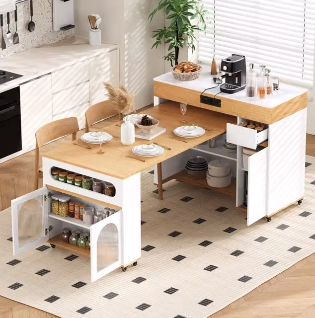Isola cucina ULEVR 50,5-187,5x110,5x95,5 cm con piano estensibile, ruote, presa integrata e cassetto, bianco e naturale
